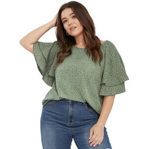 Bloomchic Green White Polka Dot Ruffled Short Sleeve Top Size 16